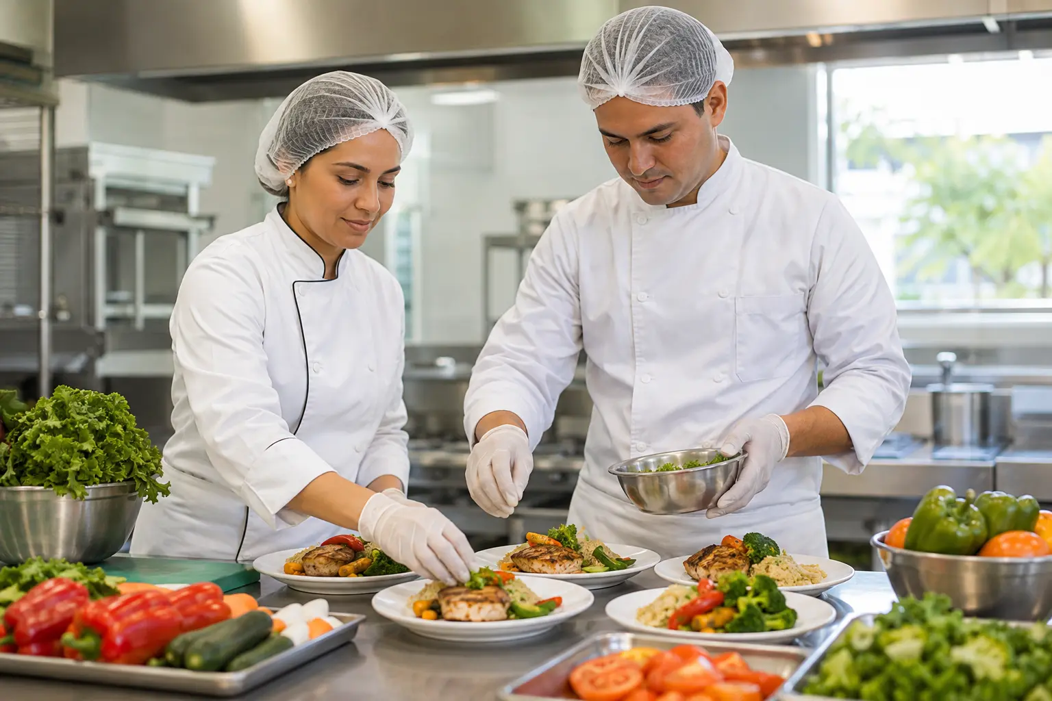 Equipo de cocina preparando alimentos bajo controles de higiene y calidad