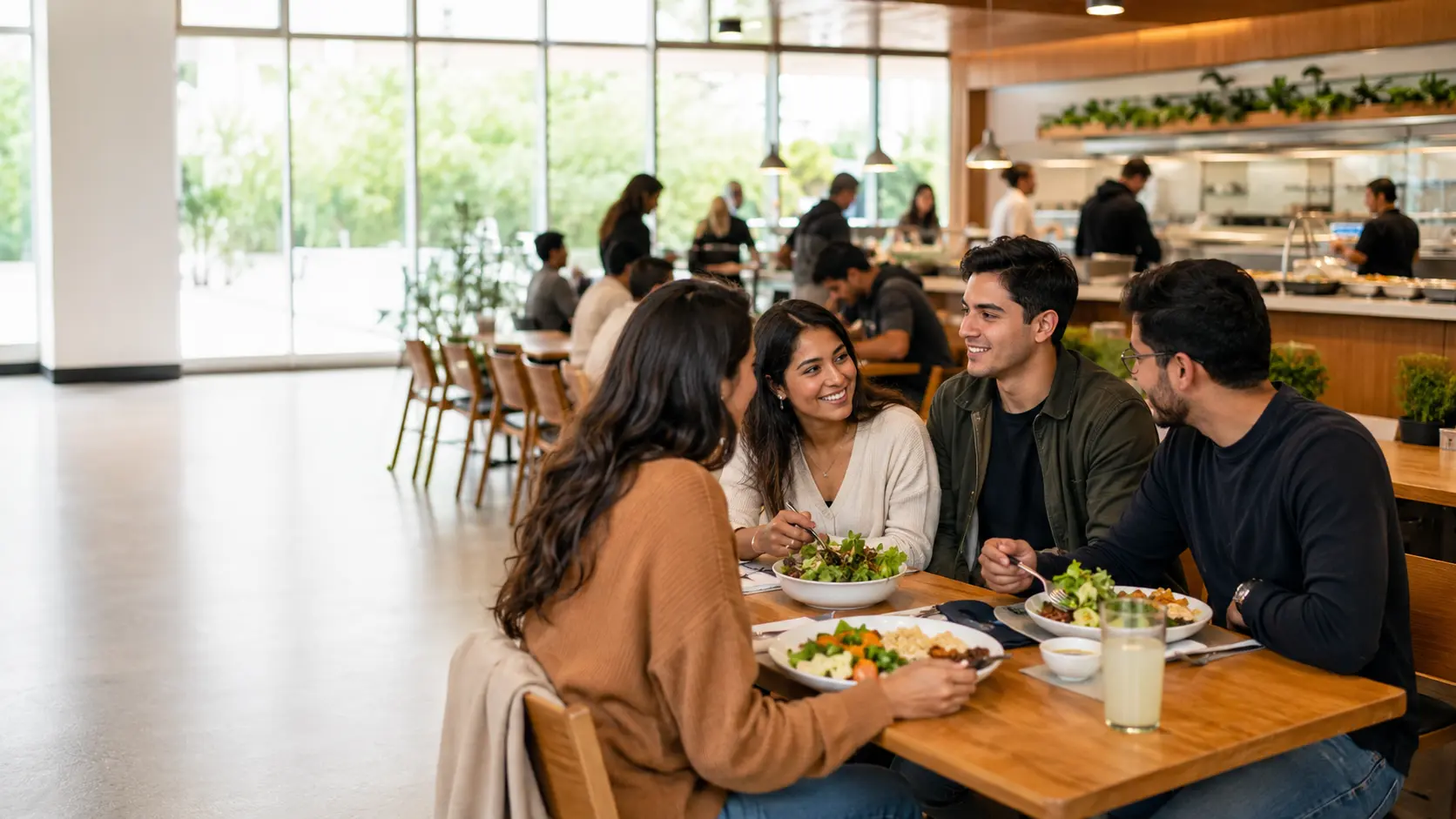 Estudiantes compartiendo un almuerzo saludable en una cafetería universitaria